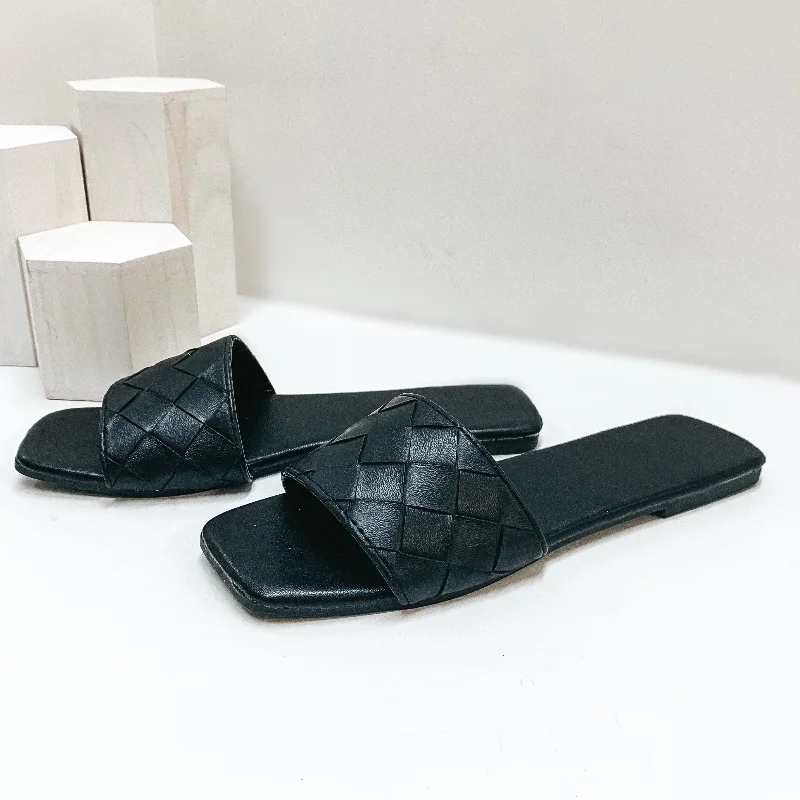 Always Looking Up Basket Weave One Strap Slide On Sandals in Black