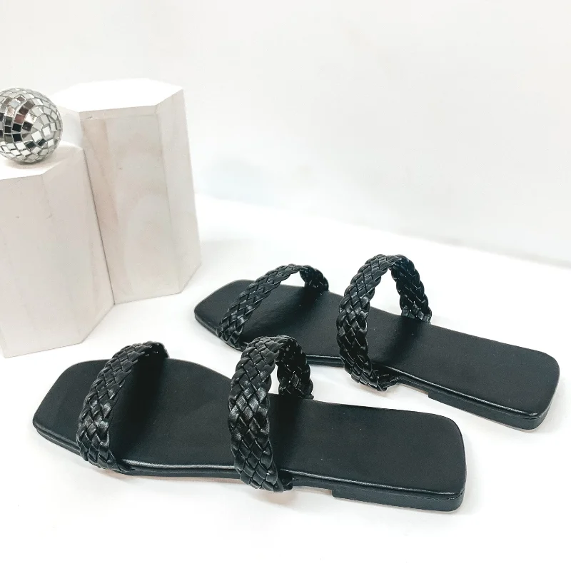 Uptown Stroll Braided Two Strap Slide On Sandals in Black