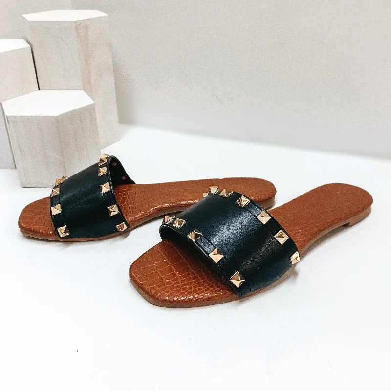 Last Chance Size 8.5 | Chic Steps Gold Studded Slide On Sandals with Croc Print Sole in Black