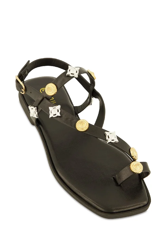 Studded Toe Loop Ankle Strap Sandals