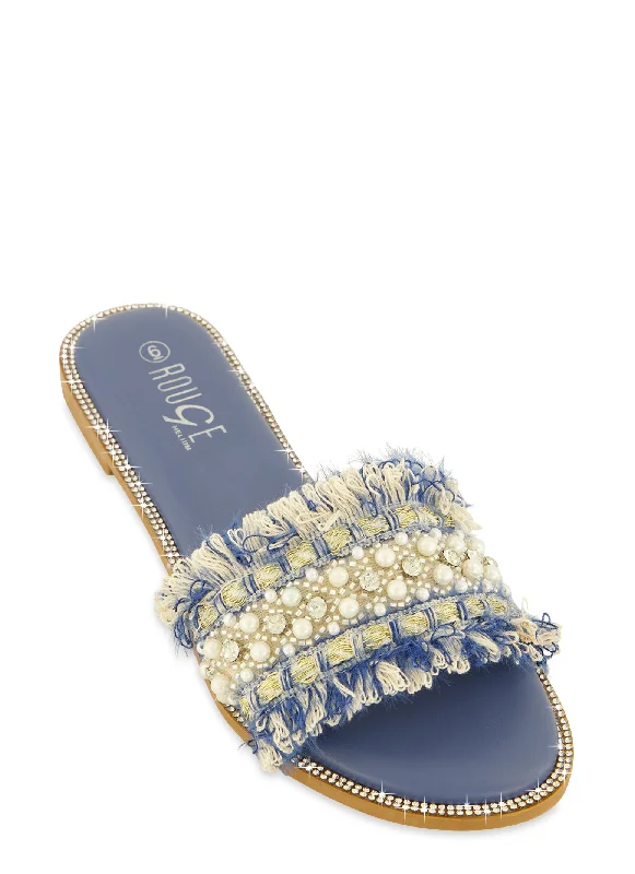 Rhinestone Trim Frayed Faux Pearl Band Slide Sandals