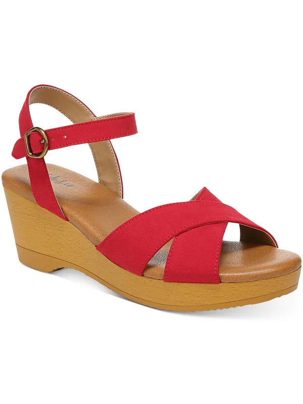 Chloe Womens Faux Leather Ankle Wedge Sandals