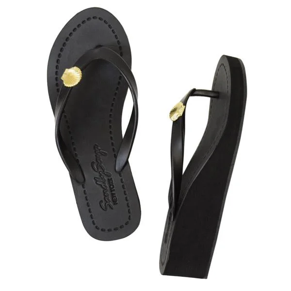 Gold Shell - Mid Wedge Flip Flops Sandals Studs Charm