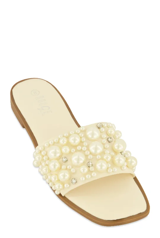 Rhinestone Faux Pearl Band Slide Sandals