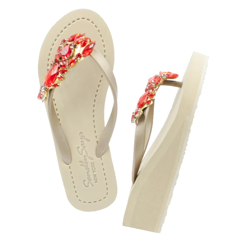 Lobster - Red Crystals Stone Embellished Mid Wedge Flip Flops Sandals