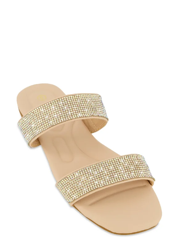 Double Rhinestone Band Open Toe Slide Sandals