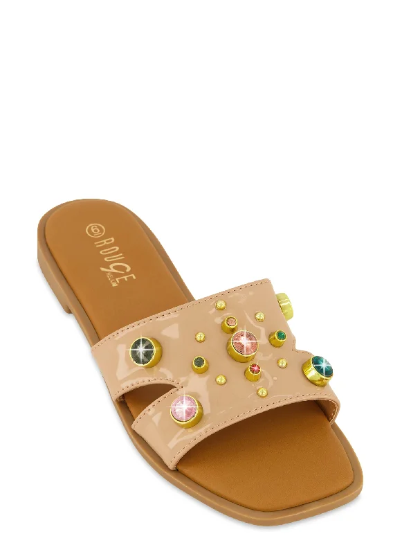 Studded Gem Cut Out Band Slide Sandals