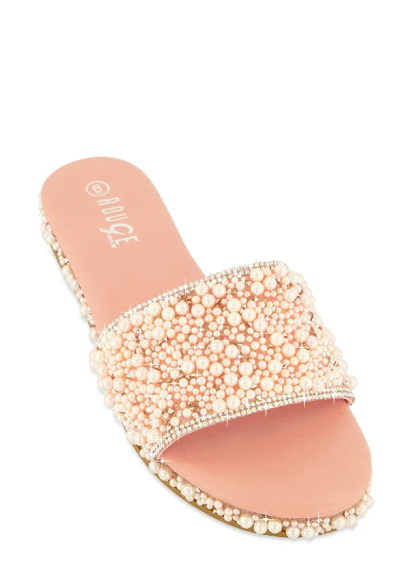 Rhinestone Trim Faux Pearl Band Slide Sandals