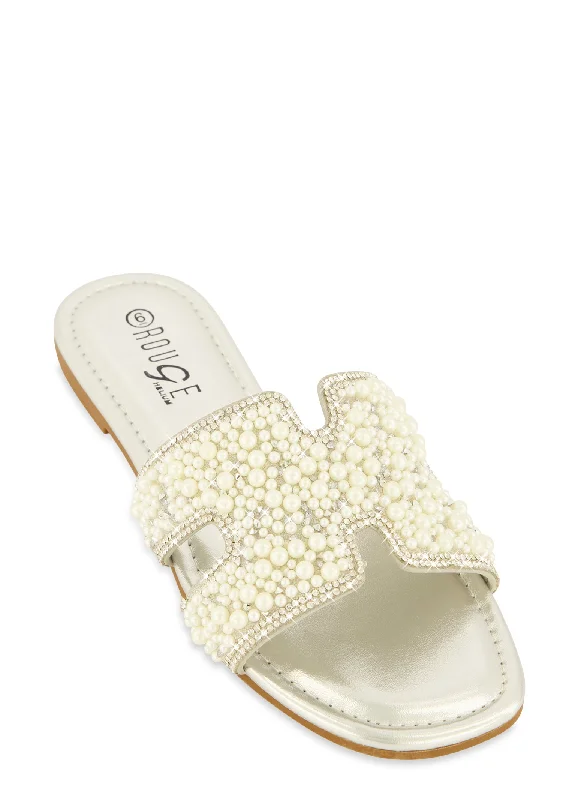 Faux Pearl Rhinestone H Band Slide Sandals