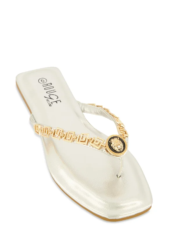 Greek Key Metallic Pendant Thong Sandals