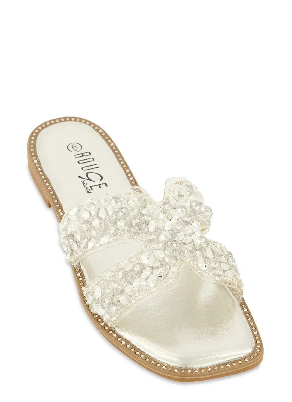 Studded Rhinestone H Band Slide Sandals