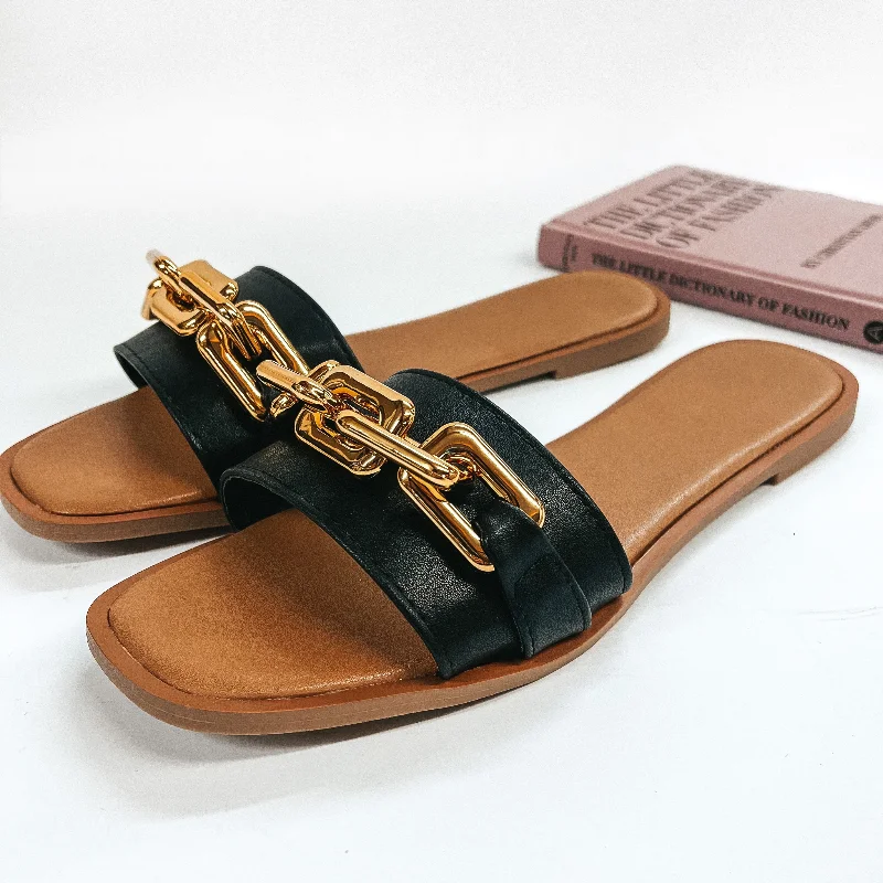 Resort Vibes Slide On Sandals with Gold Chain in Black