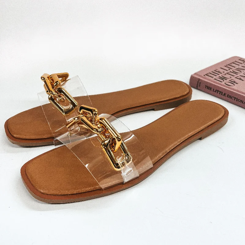 Resort Vibes Slide On Sandals with Gold Chain in Clear