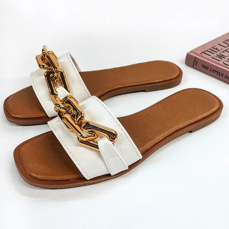 Resort Vibes Slide On Sandals with Gold Chain in White