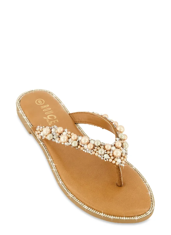 Rhinestone Trim Faux Pearl Thong Sandals