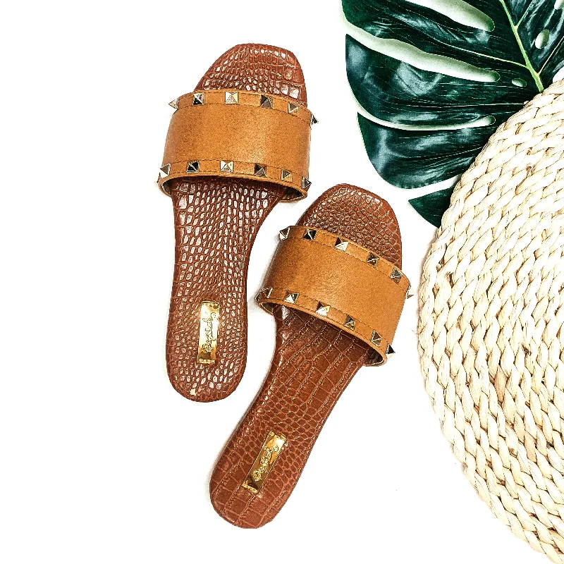 Last Chance Size 10 | Chic Steps Gold Studded Slide On Sandals with Croc Print Sole in Tan