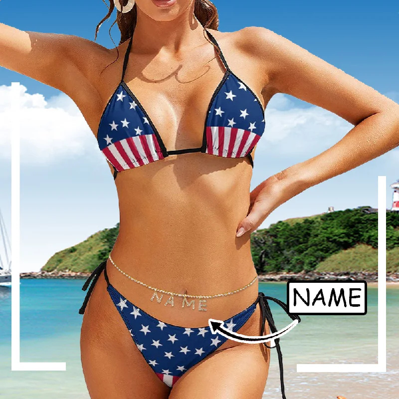 Personalized Flag Bikini With Name Chain Custom Letters Waist Chain Bikini Swimsuit