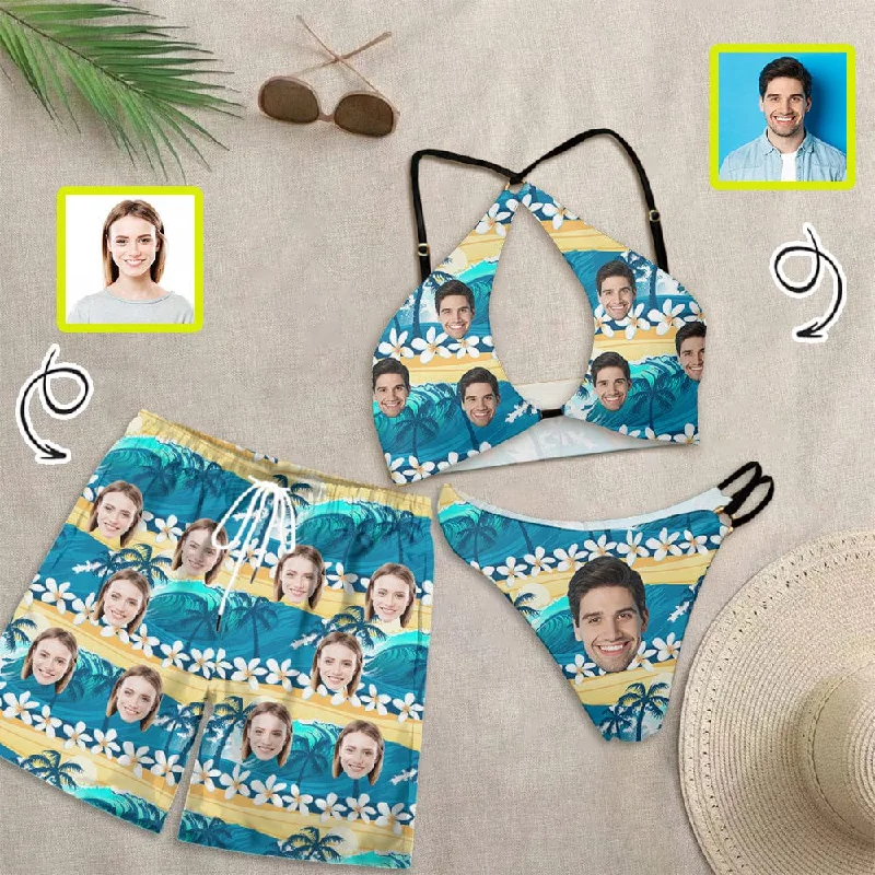 Couple Matching Swimwear Custom Face Tropical Print Open Chest Bikini Women's Adjustable Halter Neck Straps Bikini Set & Men's Beach Shorts