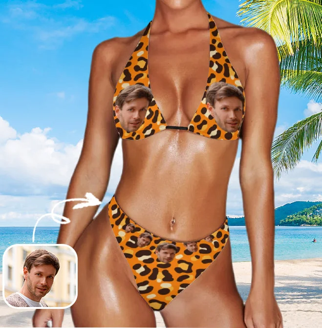 Custom Face Bikini Personalized Face Leopard Print Halter Bikini Swimsuit For Women