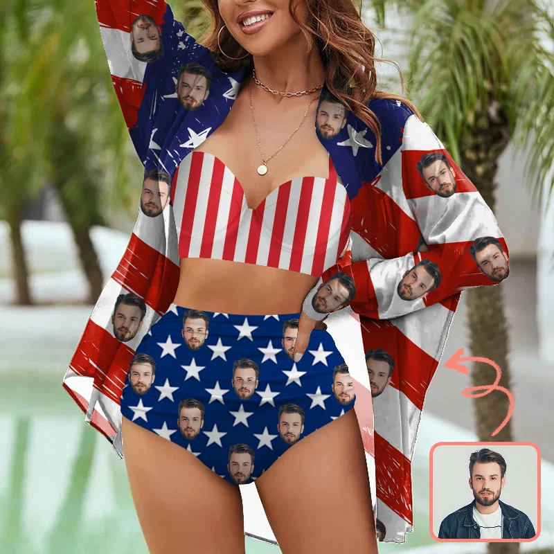 Custom Face Bikini Set&Shirt Cover Up Personalized Photo Face Flag Swimsuit Bikini For Women