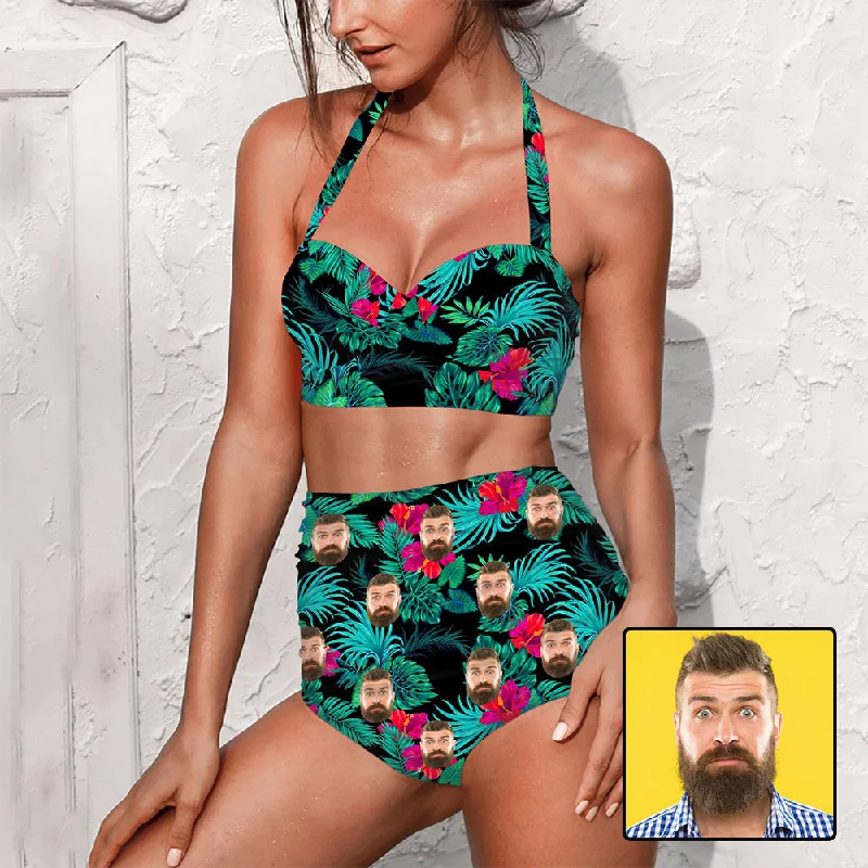 Custom Face Flowers Green Strap Two-piece Bikini Swimsuit