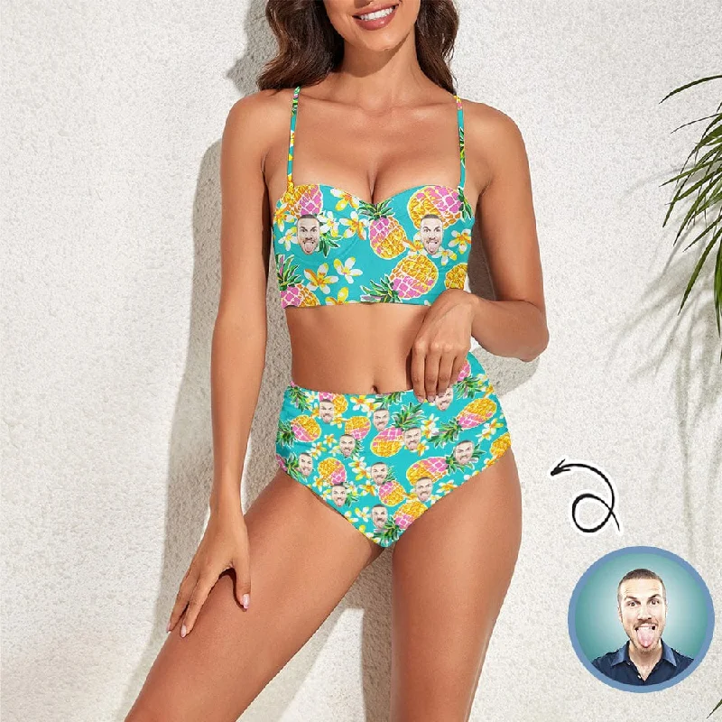 Custom Face Pineapple Lily Flowers Two-piece Highe Waist Bikini Swimsuit