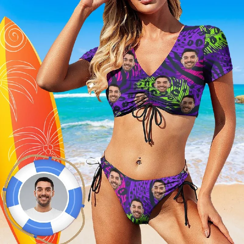 Custom Face Purple Style Swimsuit Personalized Women's New Bikini With Sleeves Summer Vacation