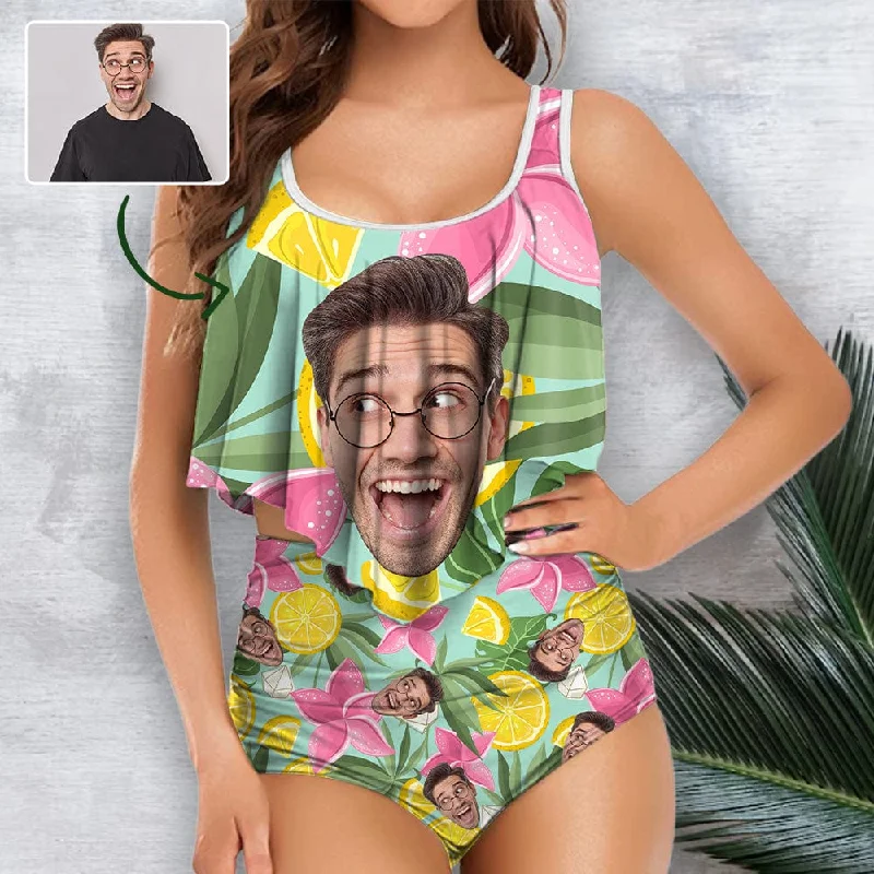 Custom Face Tankinis Personalized Face Women's High Waisted Face On Swimsuit Ruffled Bathing Suits