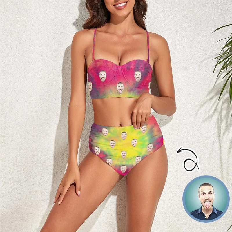 Custom Face Tie-dye Style Bright Color Two-piece Highe Waist Bikini Swimsuit