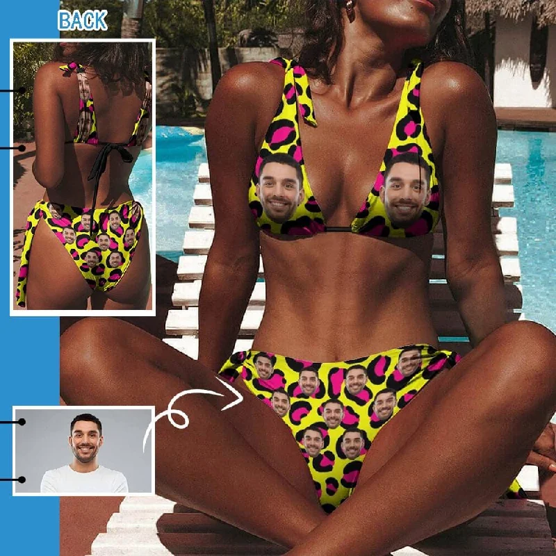 Custom Face Yellow Leopard Women's Back Strap Sexy Bikini Swimsuit Honeymoons For Her