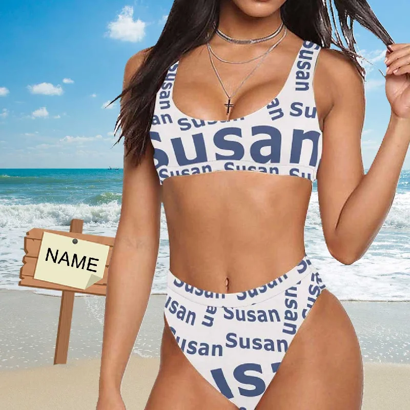 Custom Name Big Name Bikini Personalized Sport Top & High-Waisted Swimsuit Gift For Her