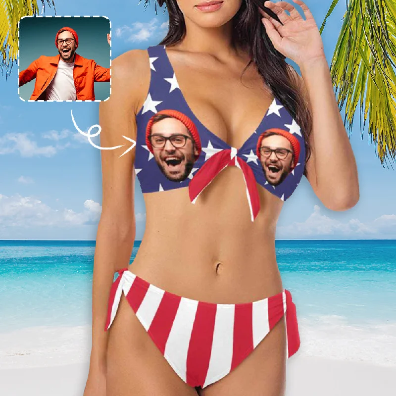 Independence Day#July 4-Custom Face Bikini National Flag Personalized Women's Chest Strap Bikini Swimsuit Celebrate Party