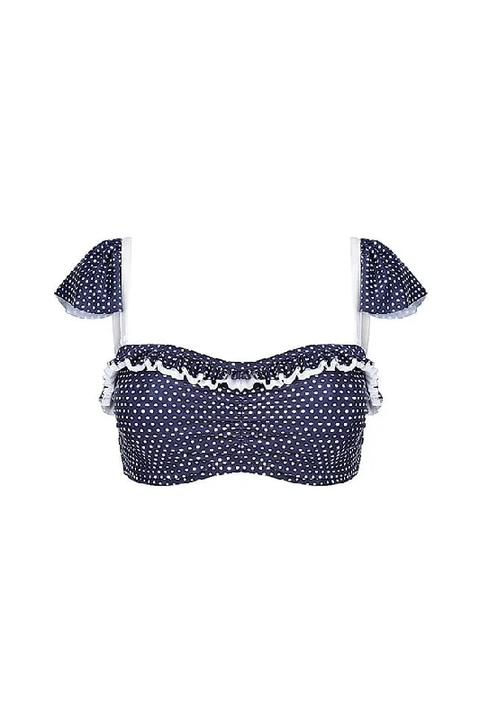 Navy & White Dots Frilled Bandeau Bikini Top