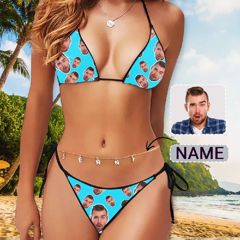 Personalized Face Blue Bikini With Name Body Chain Custom Letters Waist Chain Bikini Swimsuit