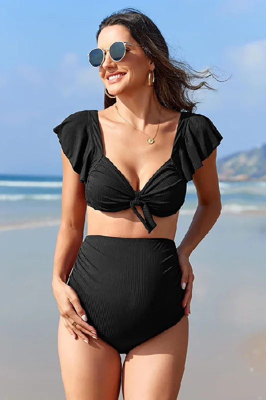 Ruffle Sleeve Ribbed Ruched Pregnancy Bikini Set