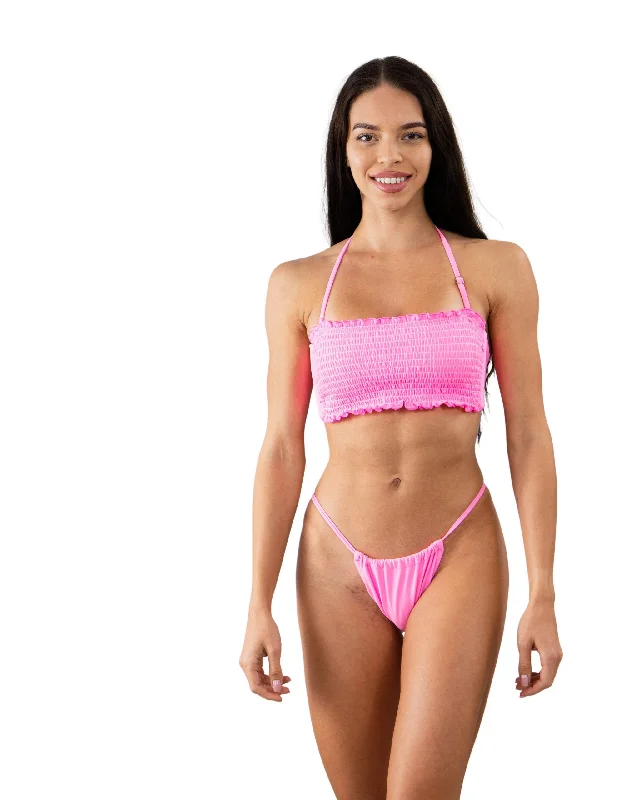 Solid Pink Smocked Tie Back Bandeau