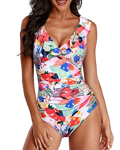 Women One Piece Swimsuits Tummy Control Ruffle V Neck Swimwear-Colorful Leaves