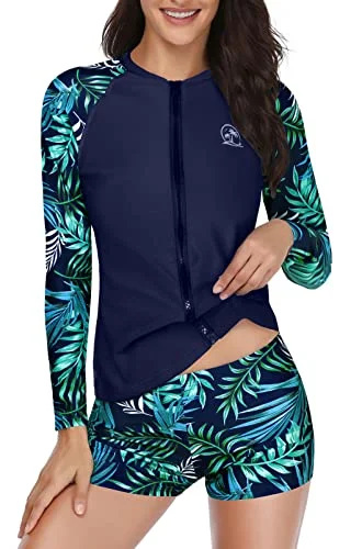 Women's Surfing Rash Guard With Long Sleeve Shirt And Shorts-Navy Blue Leaf