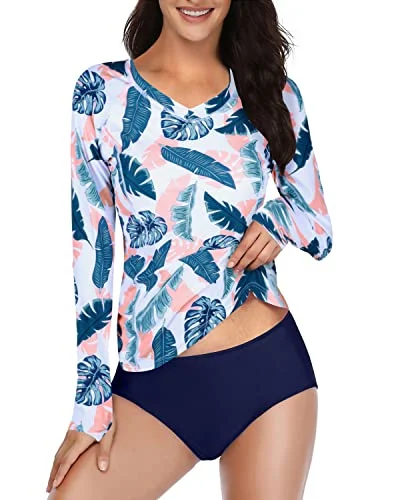 Upf 50+ Protection 2 Piece Long Sleeve Rash Guard For Women-Blue Pink Leaves