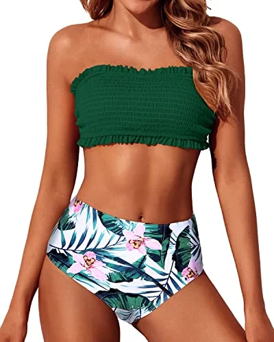 Ruffle Off Shoulder Bandeau Bikini Set Two Piece Smocked Swimsuits-Green Tropical Floral