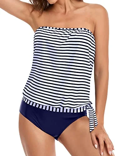 Cute And Sexy Two Piece Bandeau Tankini Swimsuits For Women-Blue White Stripe