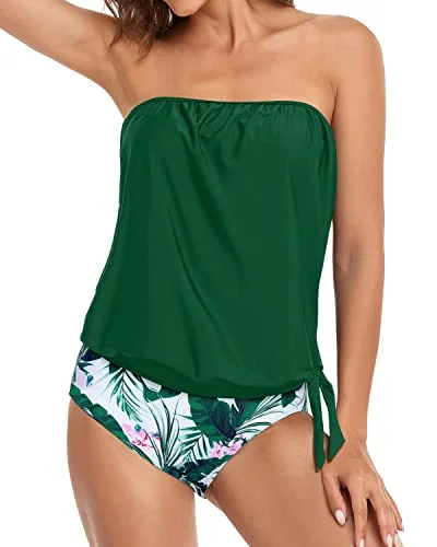 Mid Waist Bottom Bandeau Tankini Sets For Women-Green Floral