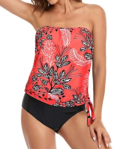 Tummy Control Blouson Tankini Swimsuits For Women-Red Floral