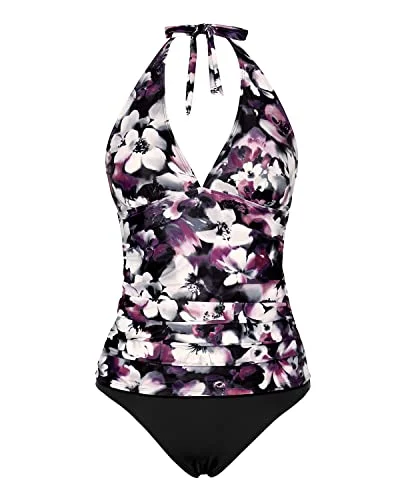 Open Back Ruched Tankini Bathing Suit For Women Tummy Control Swimsuit-Purple Floral