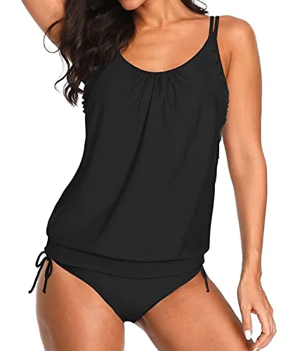 Blouson Tankini Sets Tie Side Shorts Layered Swimsuits For Women-Black