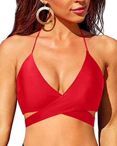 Halter Women Sexy Bandage Swimsuit Wrap Push Up Bathing Suit Top Only-Red