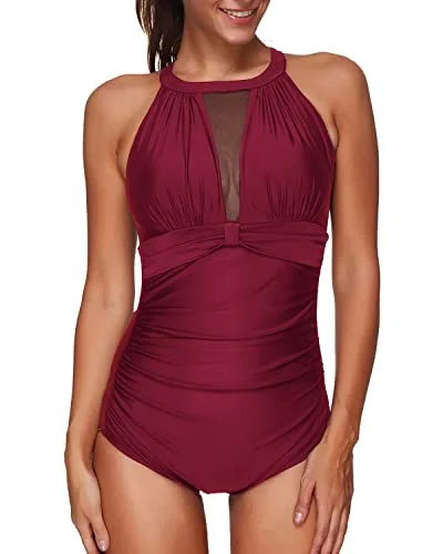 Women's High Neck Mesh Bathing Suit With Tummy Control Swimwear-Maroon