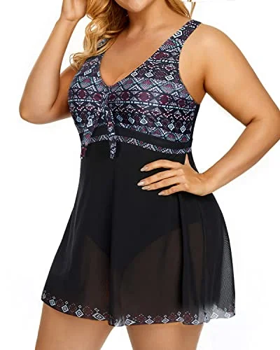 V Neck Plus Size One Piece Bathing Suits For Women-Black Tribal