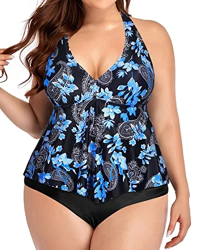 Backless Plus Size Two Piece Swimsuit High Waisted Bathing Suit For Women-Black Floral