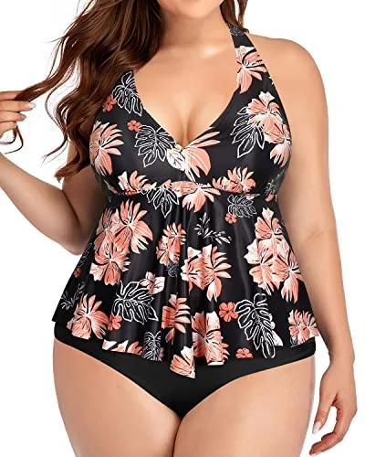 Plus Size Tummy Control Halter Tankini Top With Bottoms-Black Orange Floral